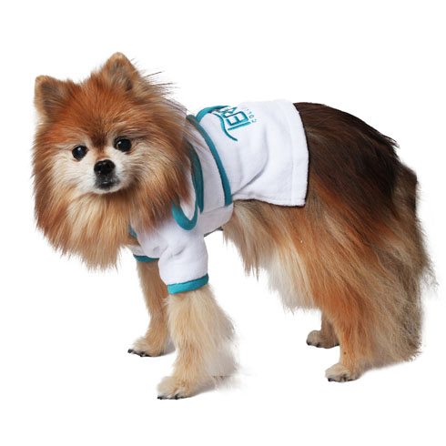 PR - Hooded Pet Robe, White Velour,Velcro Closure at Chest and Tie Belt at Waist